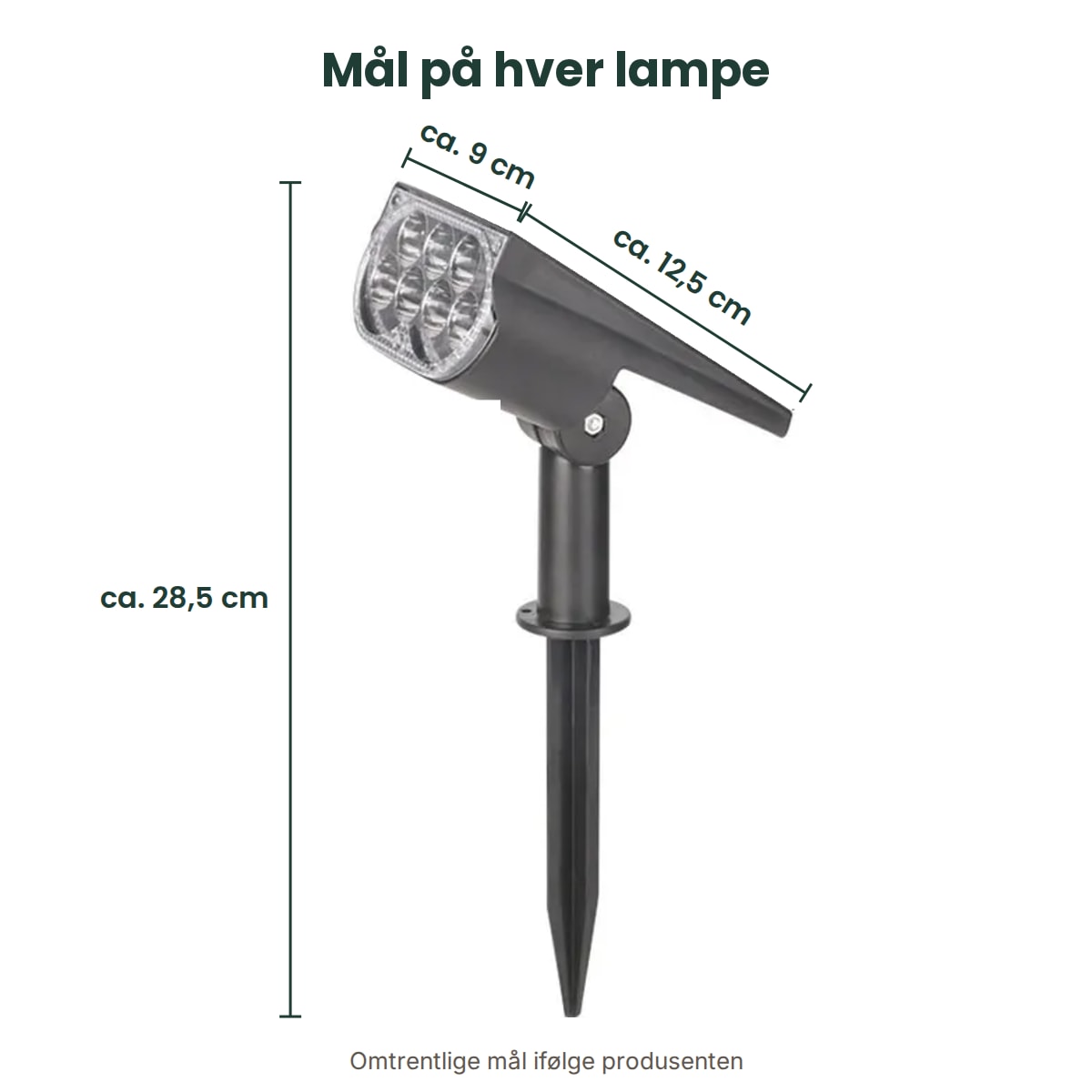Mål på lampen: ca. 28,5 cm høy med spyd, lampehodet ca. 12,5 × 9 cm