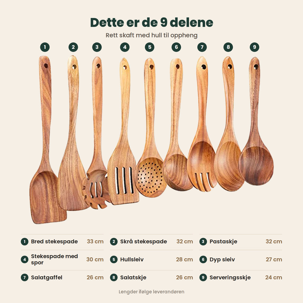 De ni delene i Tekla med navn og lengde: stekespader, pastaskje, hullsleiv, sleiv, salatgaffel og skjeer, 24 til 33 cm