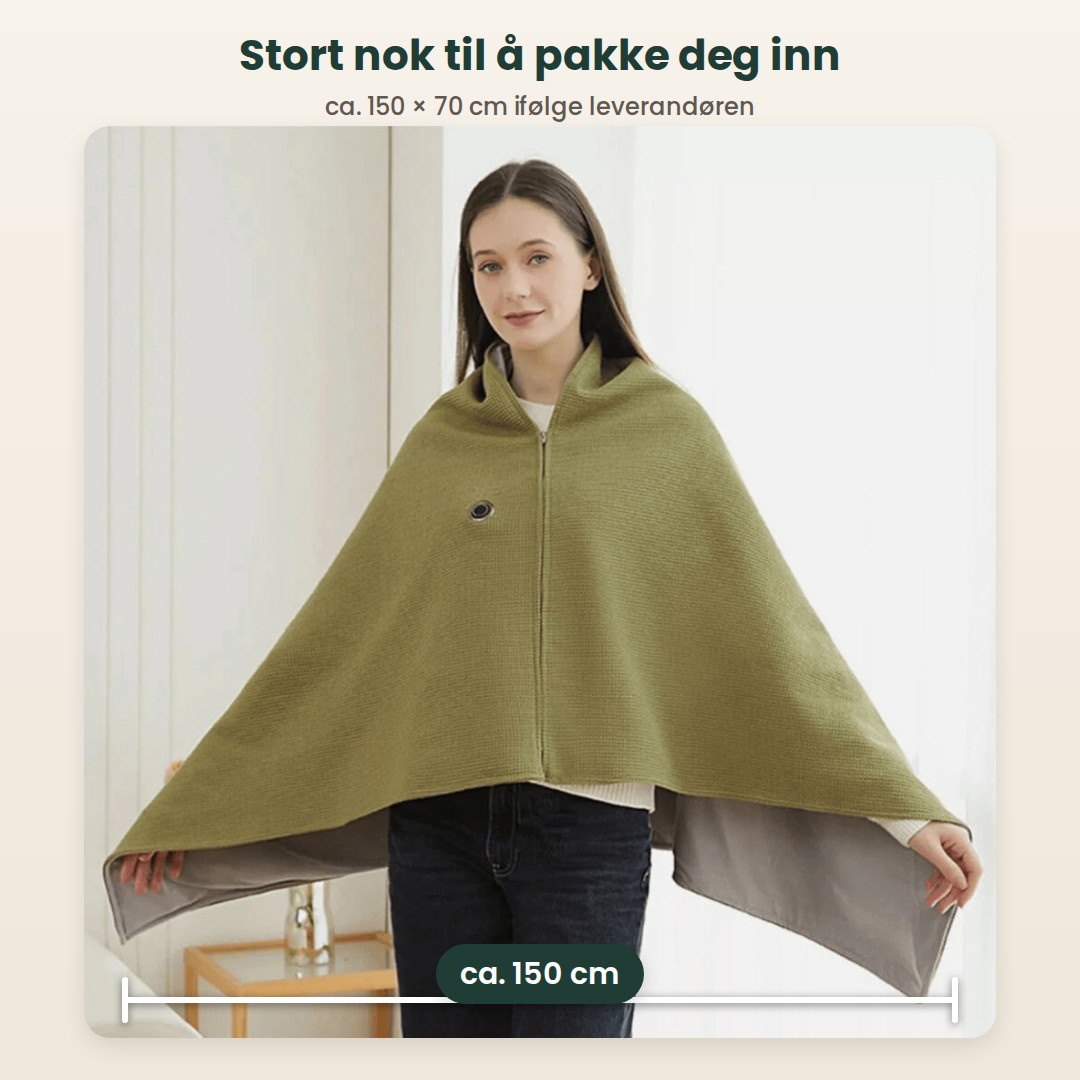Kvinne med armene ut i det olivengrønne sjalet, ca. 150 cm bredt