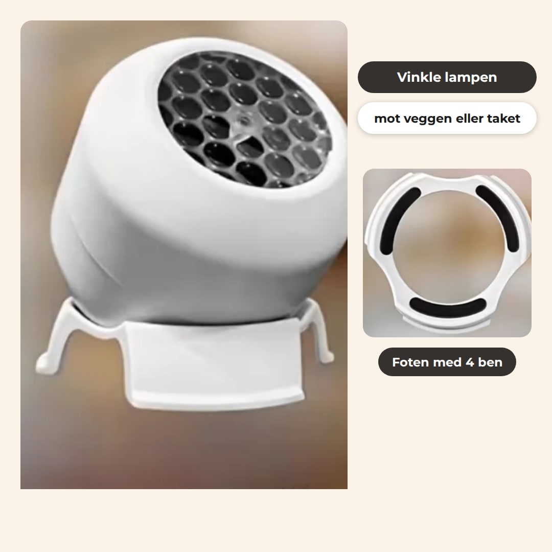 Lampen vinklet i foten, og foten med fire ben sett ovenfra